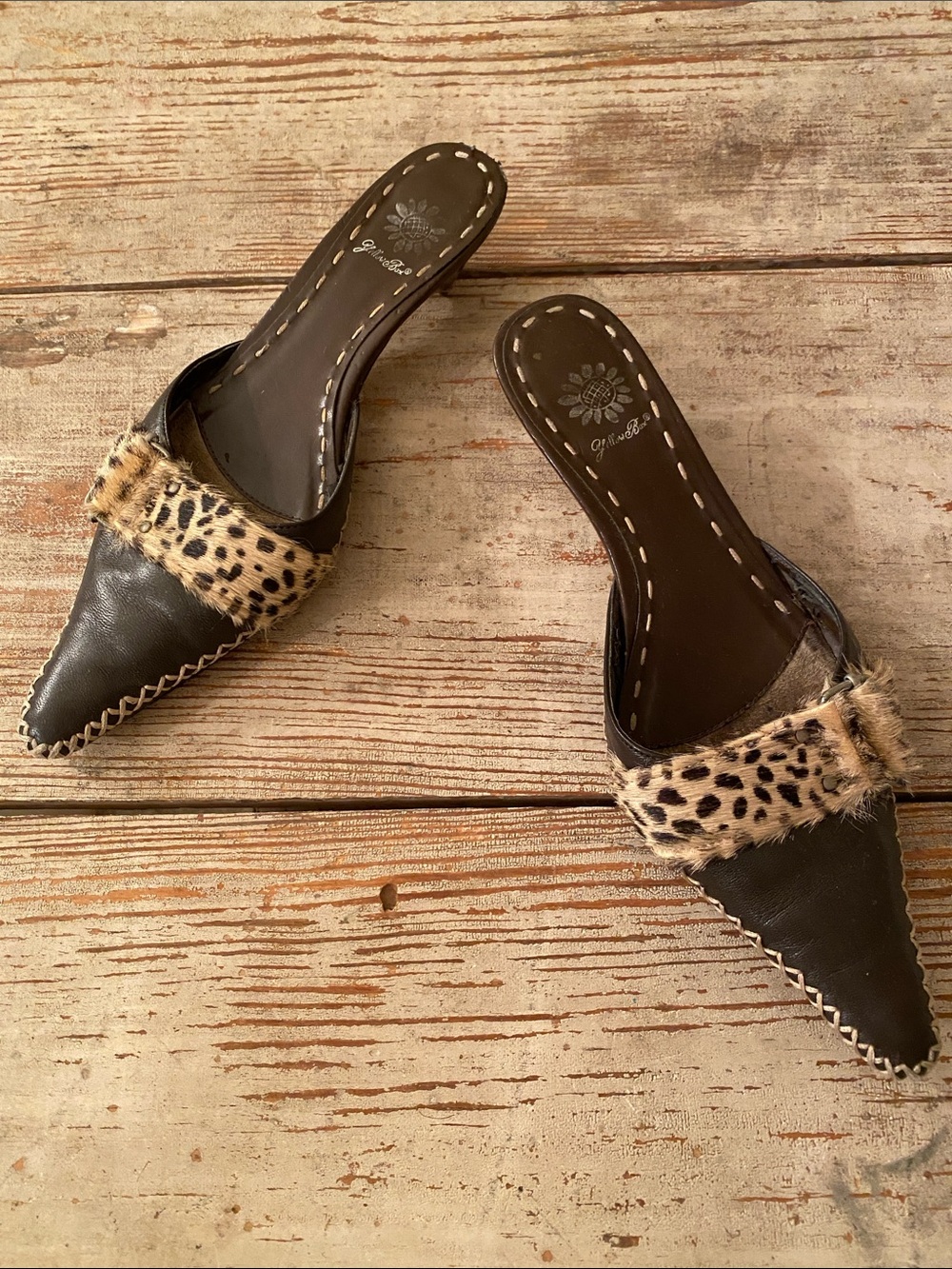 Yellow Box Brown Pointed Slide Mules with Leopard Hair-Trim